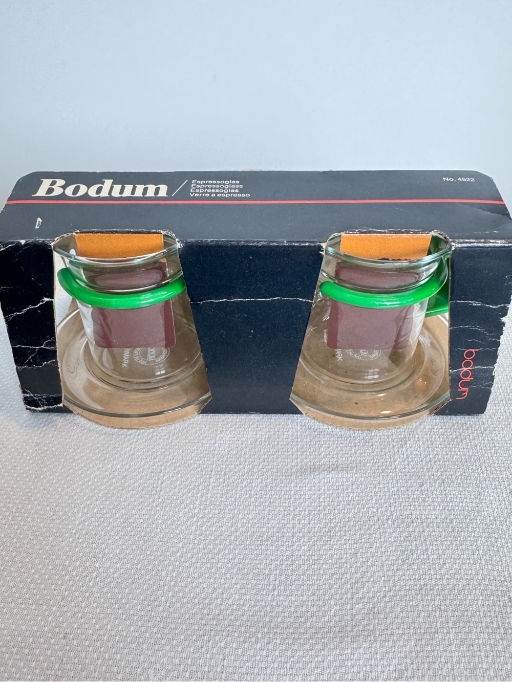 Vintage Bodum Sweden Expresso Glass Cup w GreenHandle Set Of 2 In Original Box
